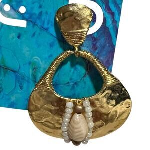 Vintage Gold Tone Hammered Hoop Earring Single Pearl Drop Dangle